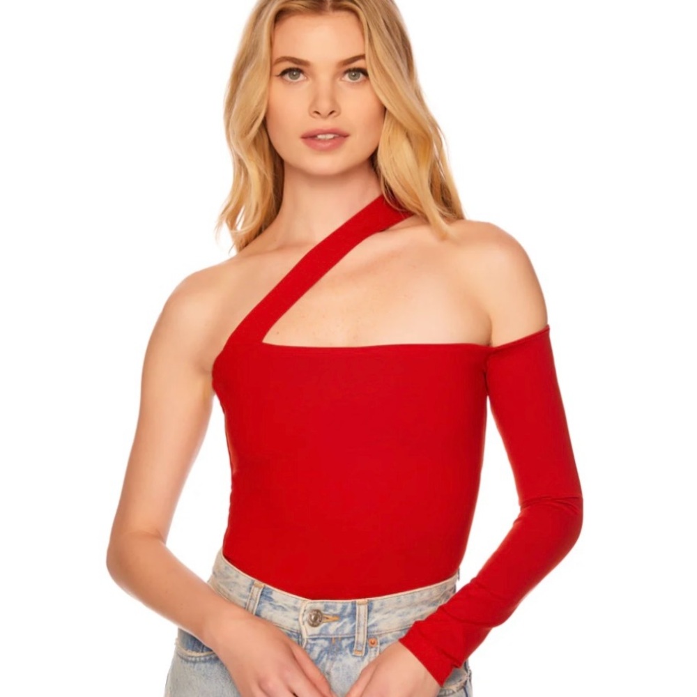 Red Asymmetrical Bodysuit Top
